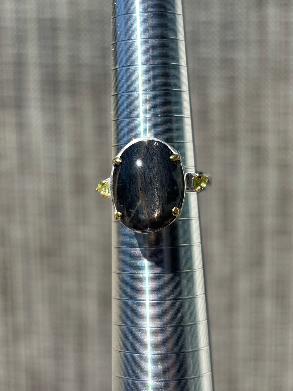Artisan Sterling Silver Silversheen Obsidian ring with gold accents- Size 7.75-8